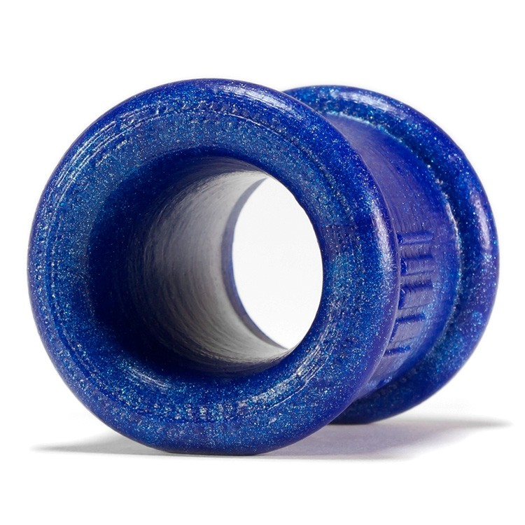 Metallic blue silicone ball stretcher with a textured surface.