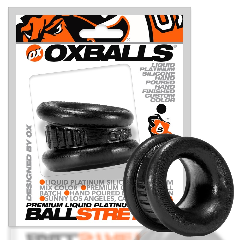 Black Neo Angle silicone ball stretcher and cock ring.
