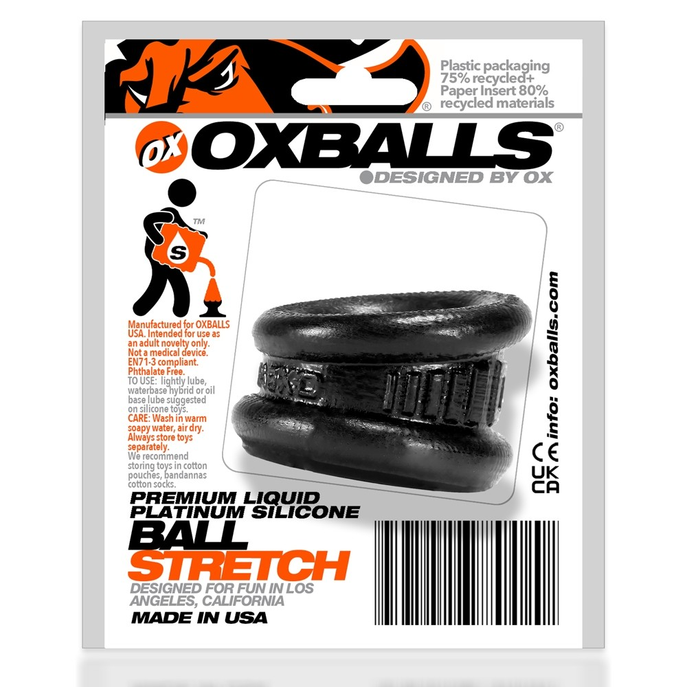 Black silicone ball stretcher and cock ring with textured details.