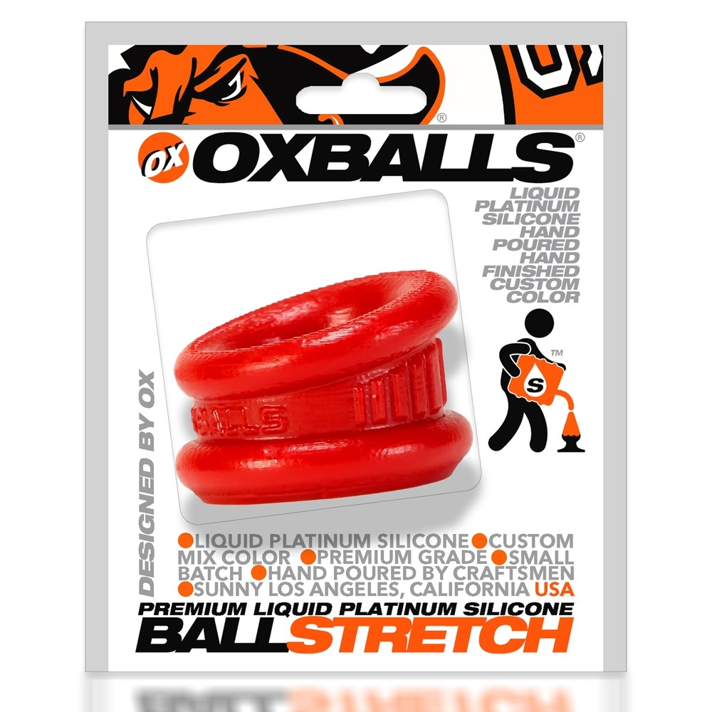 Red Oxballs Neo Angle silicone ball stretcher and cock ring.