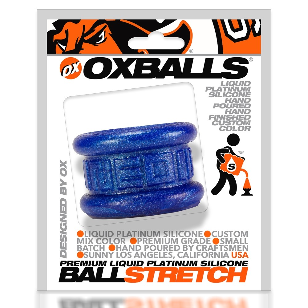 Blue metallic silicone ball stretcher with Oxballs branding.