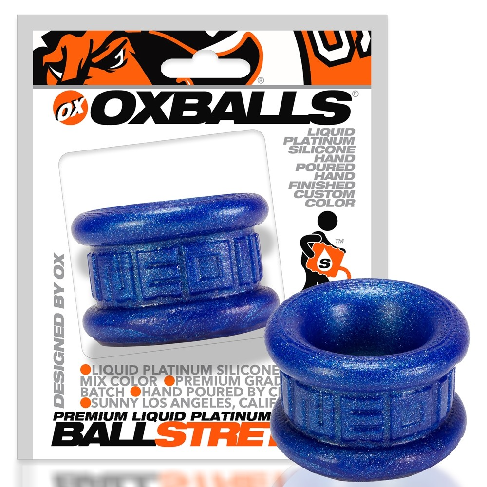 Blue metallic silicone ball stretcher with textured band.
