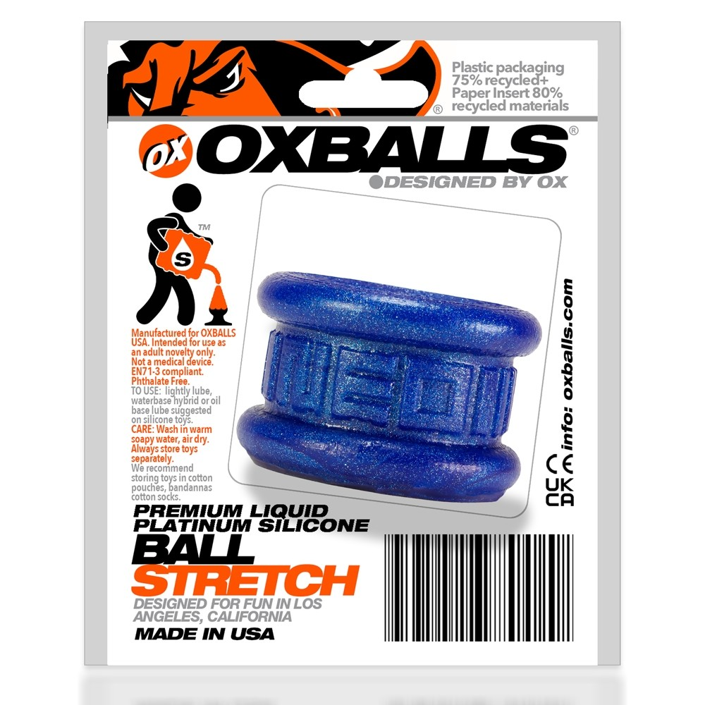 Blue metallic silicone ball stretcher with textured rings.