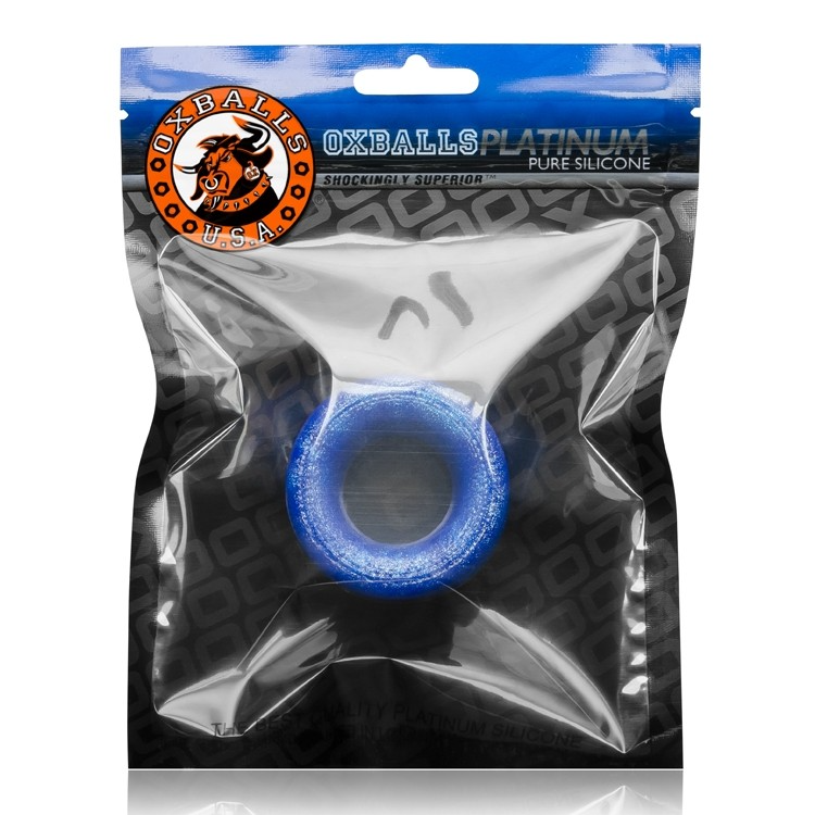 Blue metallic silicone ball stretcher in clear packaging with Oxballs logo.