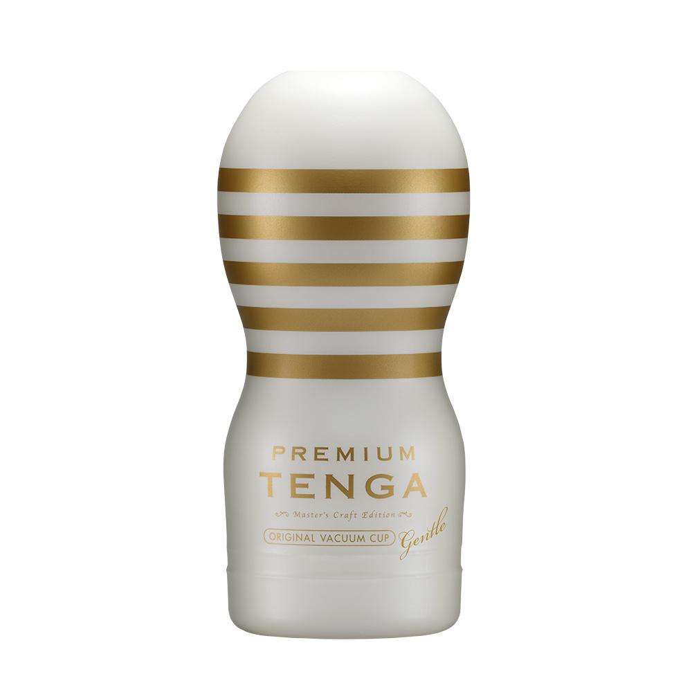 Premium Tenga vacuum cup with gold stripes and "Gentle" script.