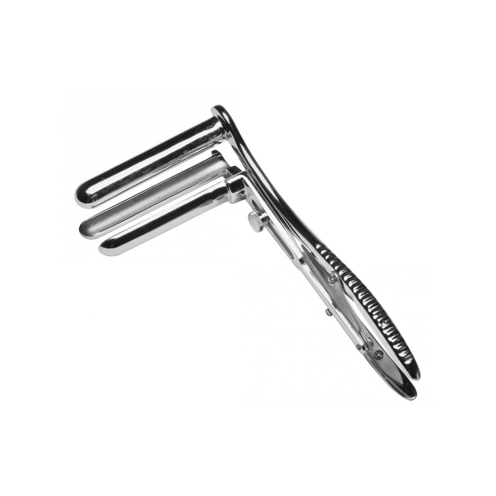 A chrome 3-prong anal speculum with an adjustable expansion screw.