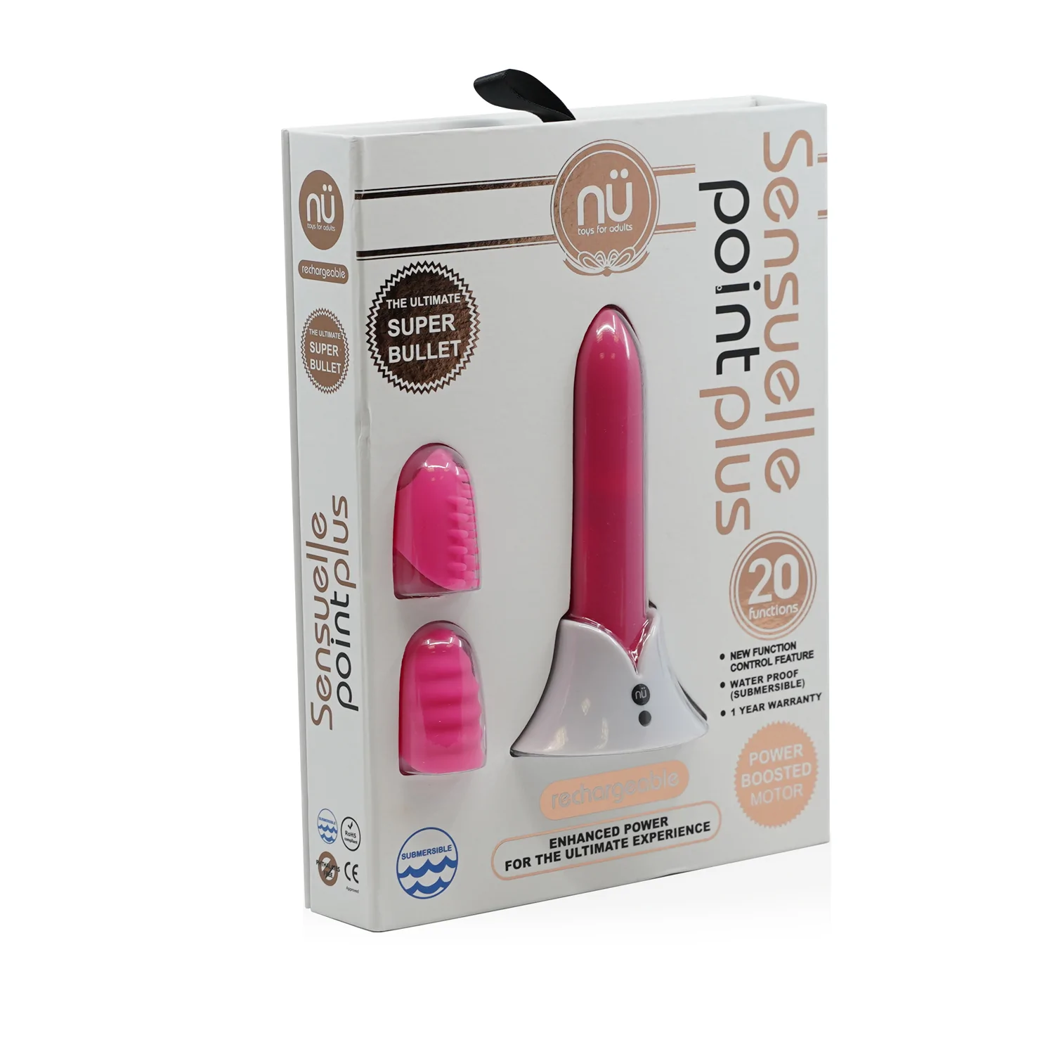 Purple Nu Sensuelle Point Plus rechargeable bullet vibrator with two textured sleeves.