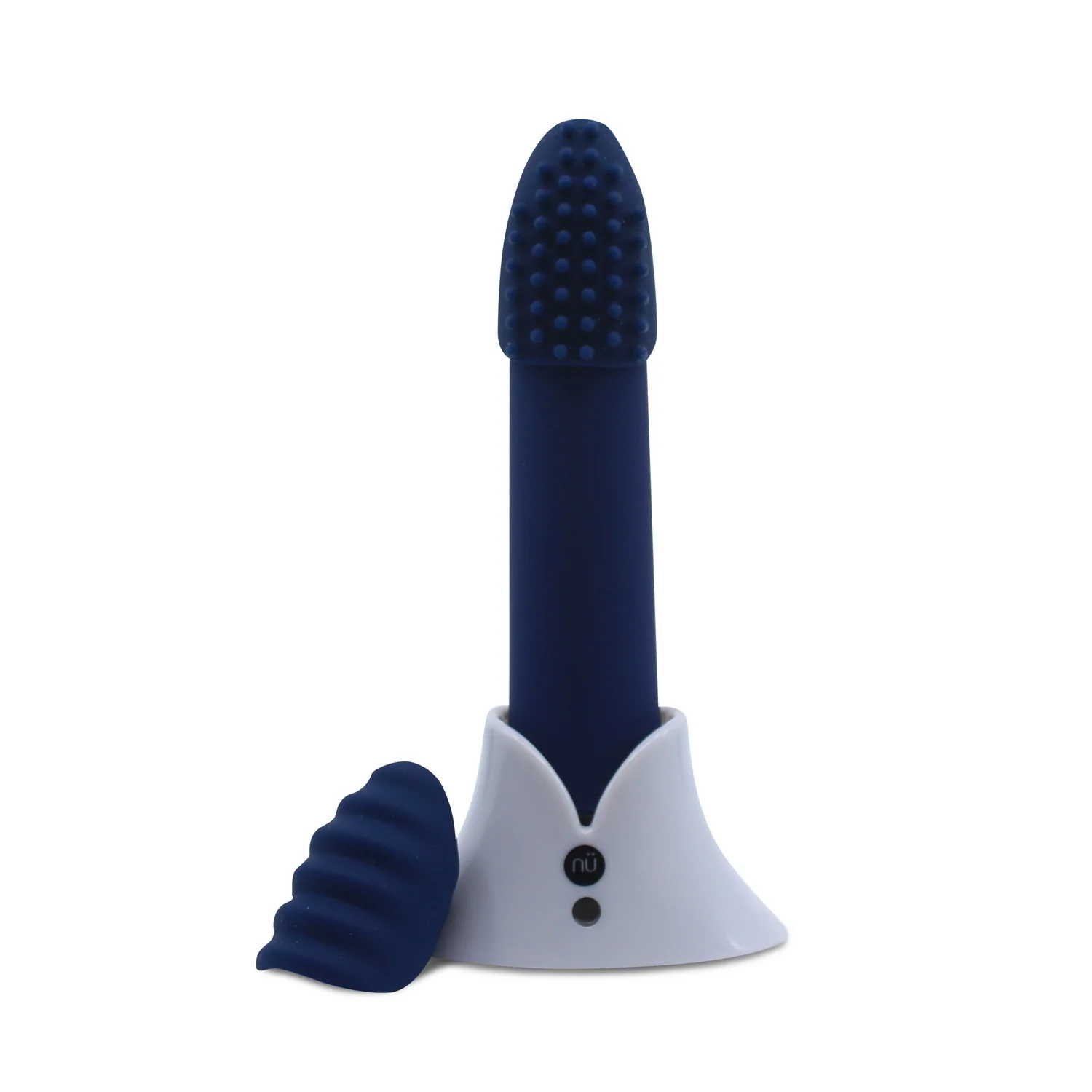 A navy blue bullet vibrator with a textured head and two interchangeable sleeves in a white charging base.