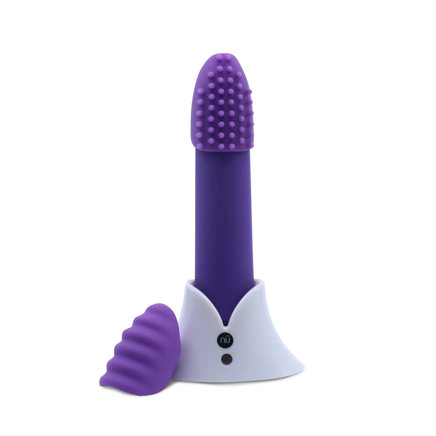 Purple silicone bullet vibrator with textured attachments and charging base.