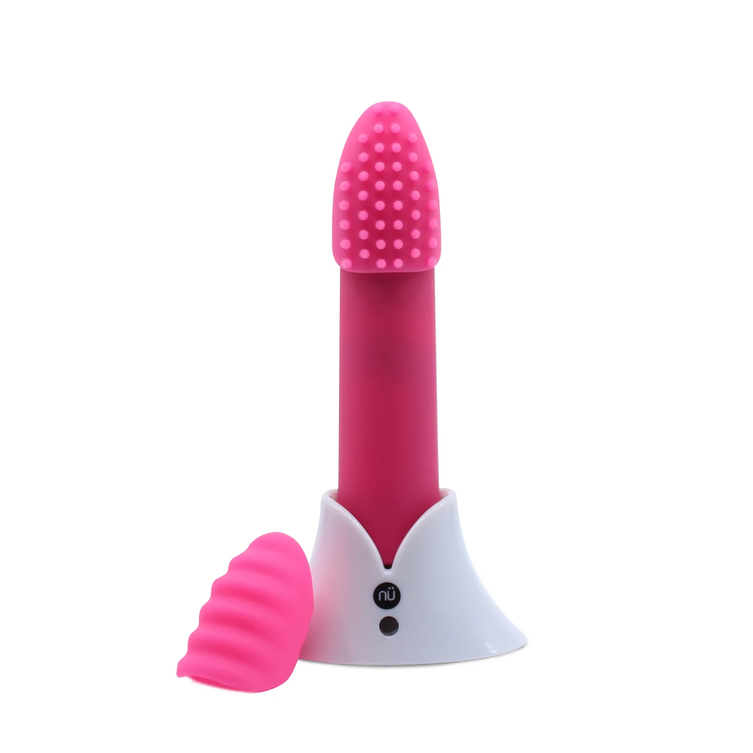 Pink bullet vibrator with textured sleeves and a white charging stand.