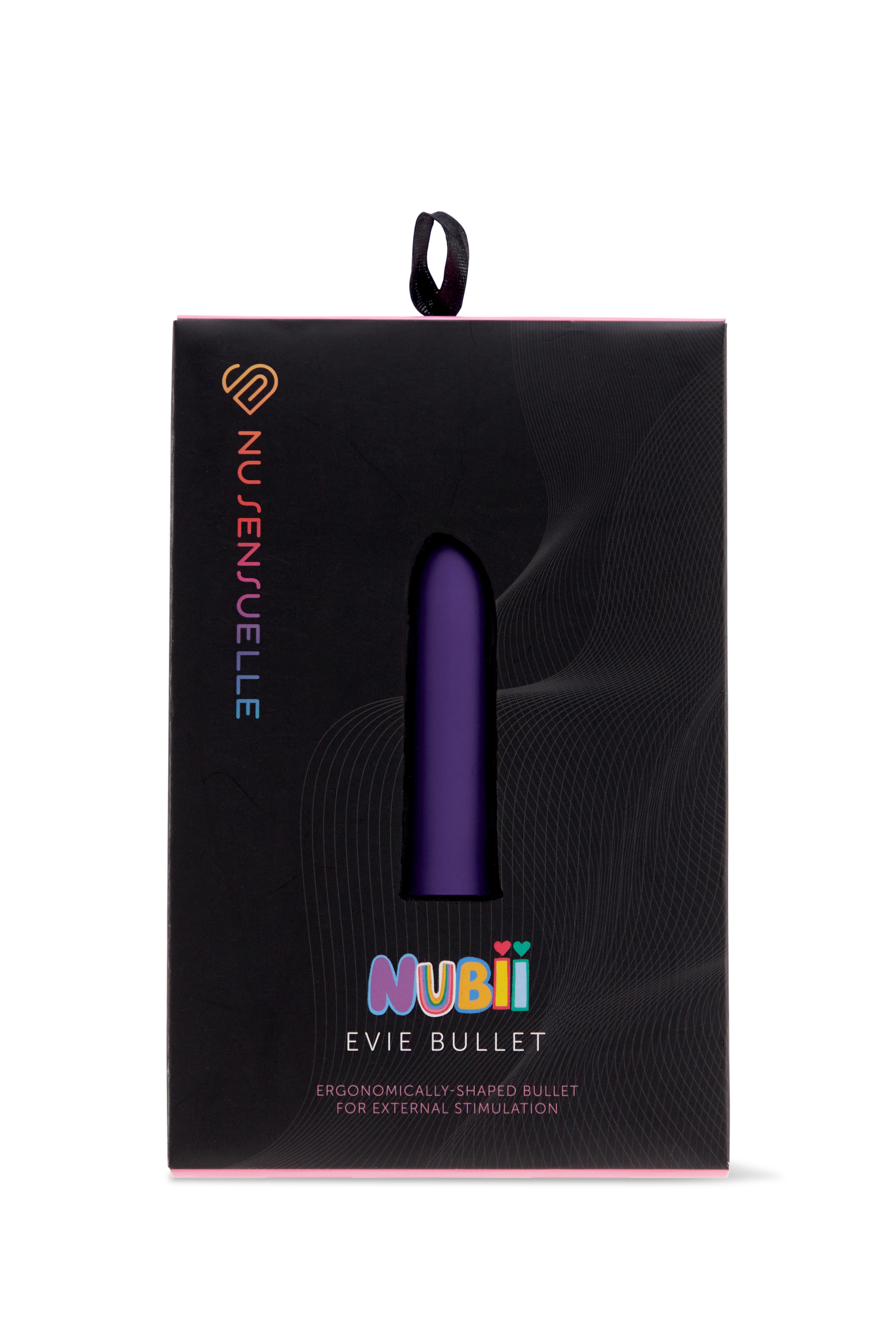 Nu Sensuelle Evie Bullet vibrator in purple, displayed in its packaging.