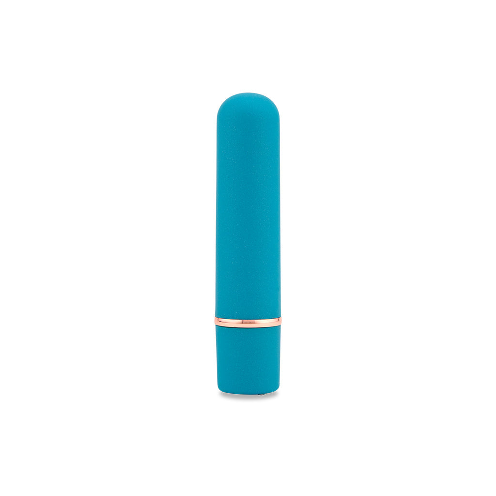 A teal rounded bullet vibrator with a rose gold band.