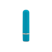 A teal rounded bullet vibrator with a rose gold band.