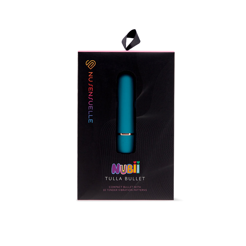 A teal Tulla bullet vibrator in its black and pink Nu Sensuelle packaging.