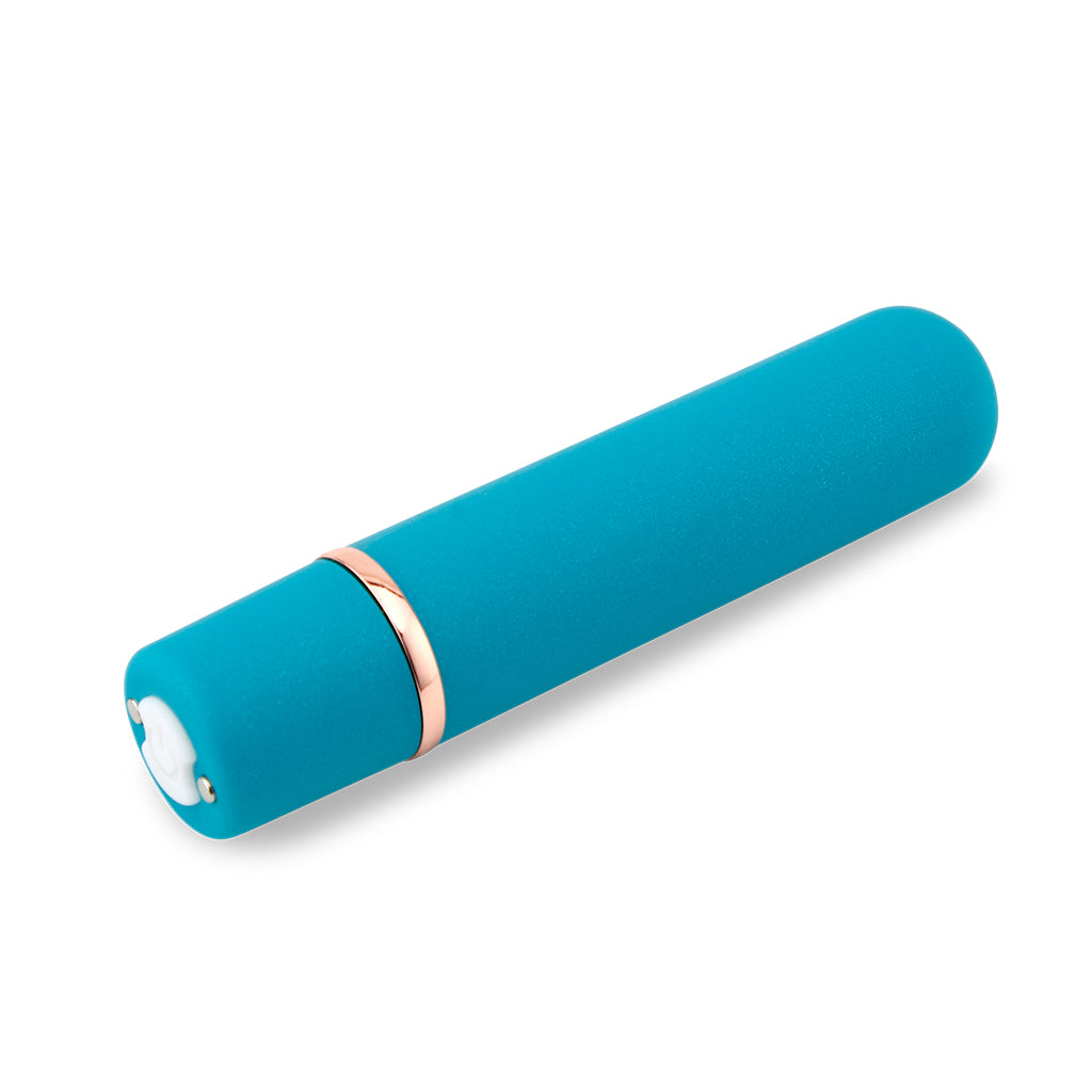 A teal rounded bullet vibrator with a rose gold band and white button.