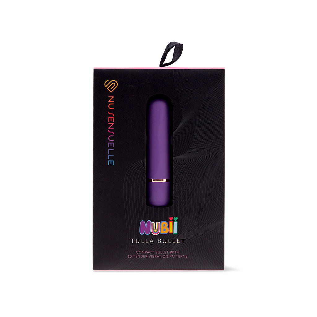 A purple Tulla bullet vibrator by Nu Sensuelle is displayed in its black packaging.