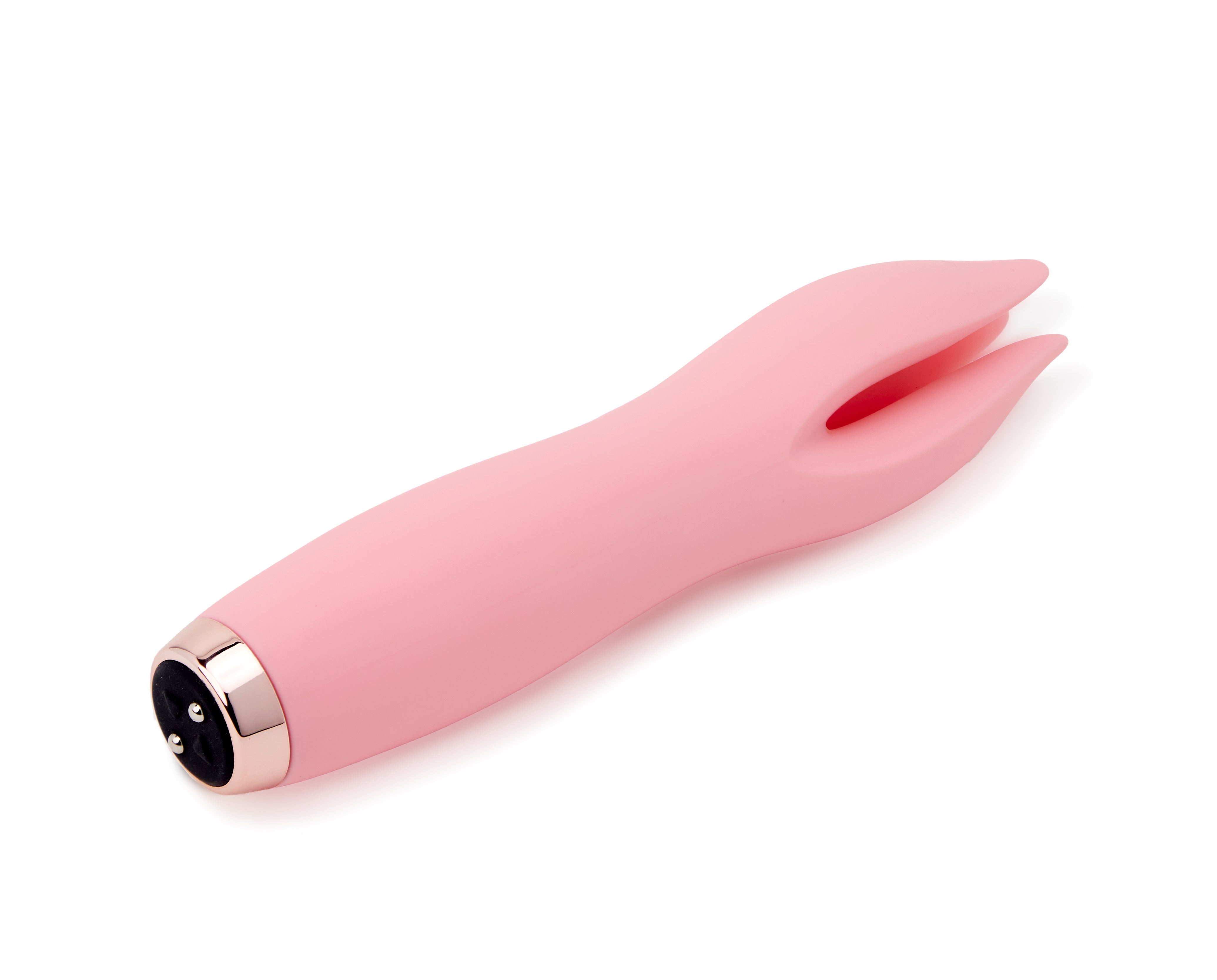 Pink silicone vibrator with a rose gold trim and a split tip.