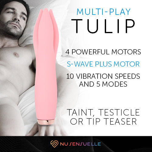 Pink Tulip Multi-Play vibrator with text describing features.