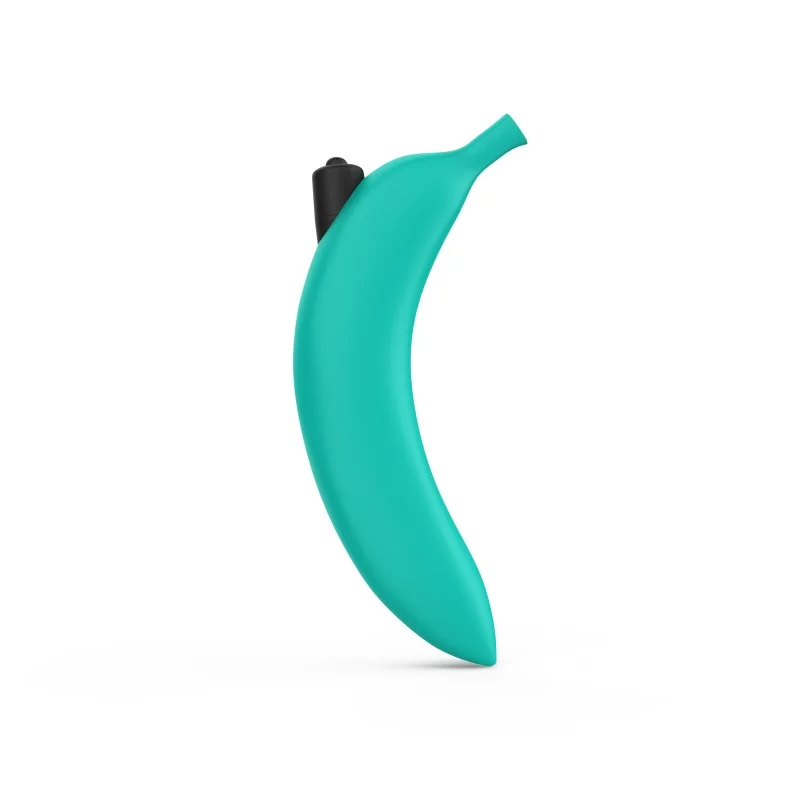 Blue silicone banana vibrator with a black attachment.