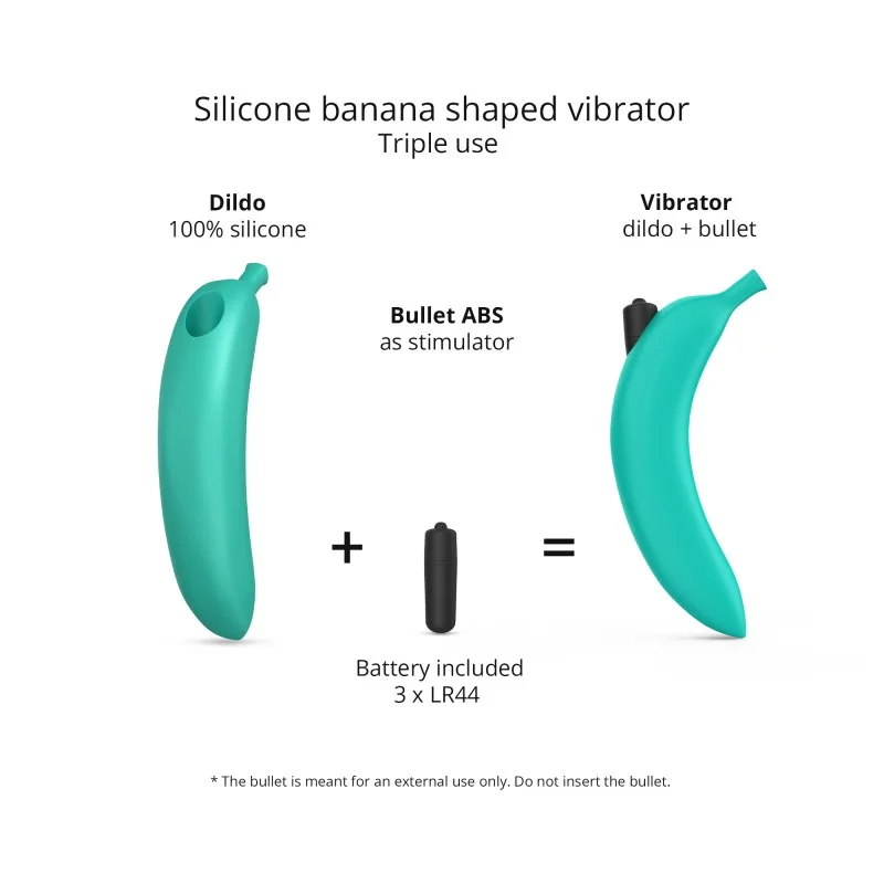 Blue silicone banana vibrator with bullet stimulator and batteries.