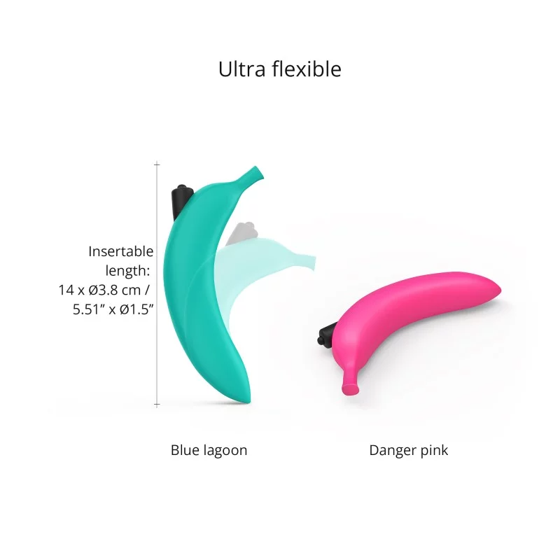 Blue silicone banana vibrator with text about insertable length.