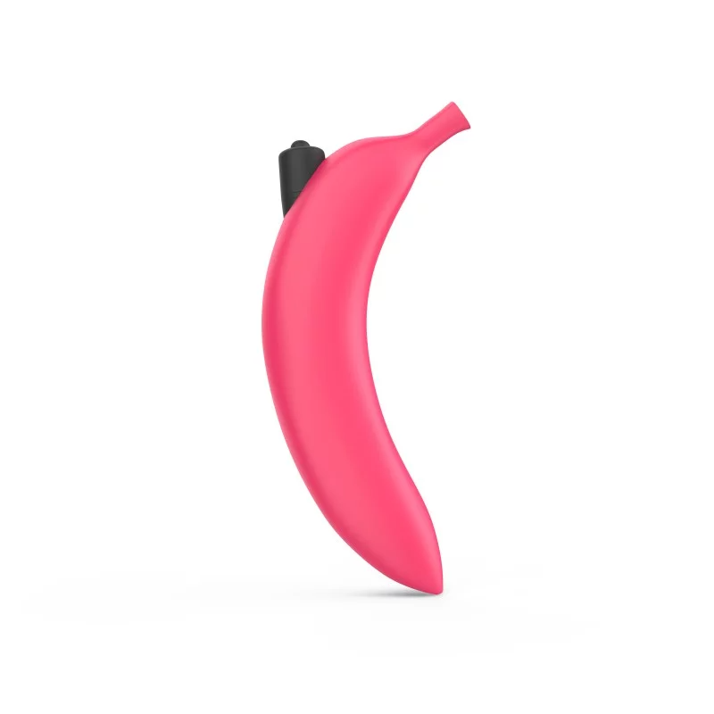 Pink banana-shaped vibrator with a black attachment.