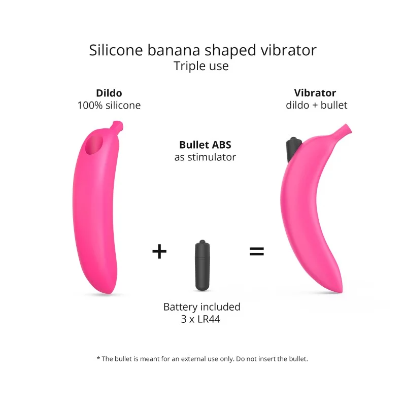 Pink silicone banana-shaped vibrator with a bullet stimulator and batteries.