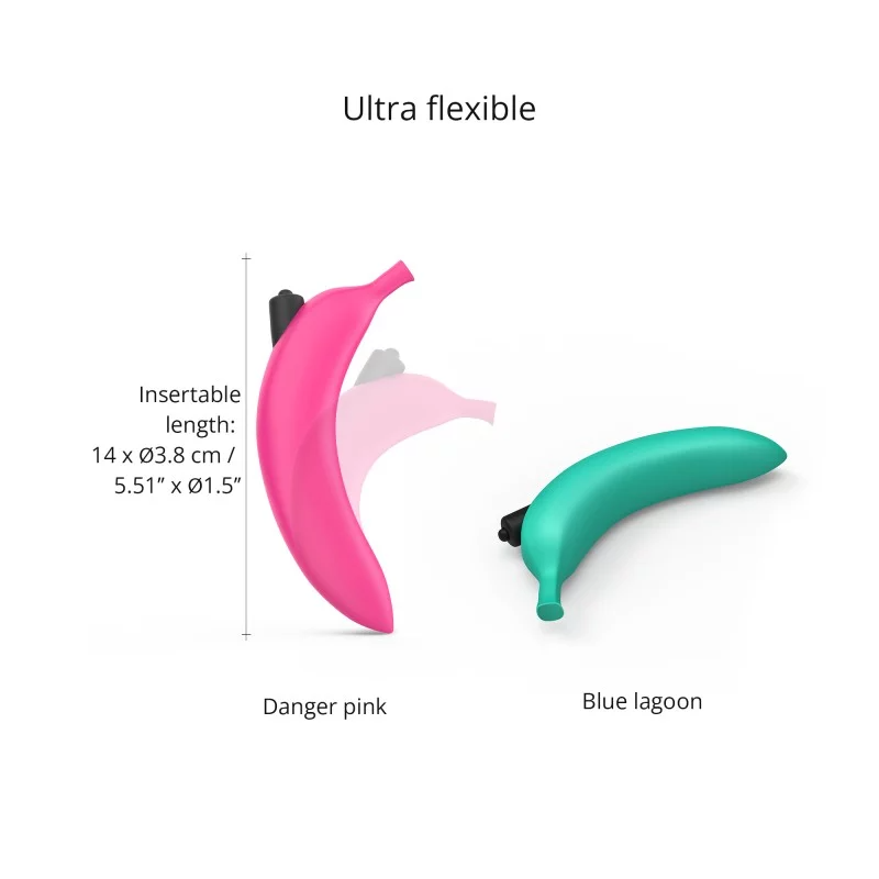 Two banana-shaped vibrators, one pink and one teal, with text labels.
