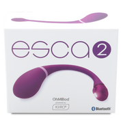 Purple app-controlled wearable massager with "esca 2" branding.