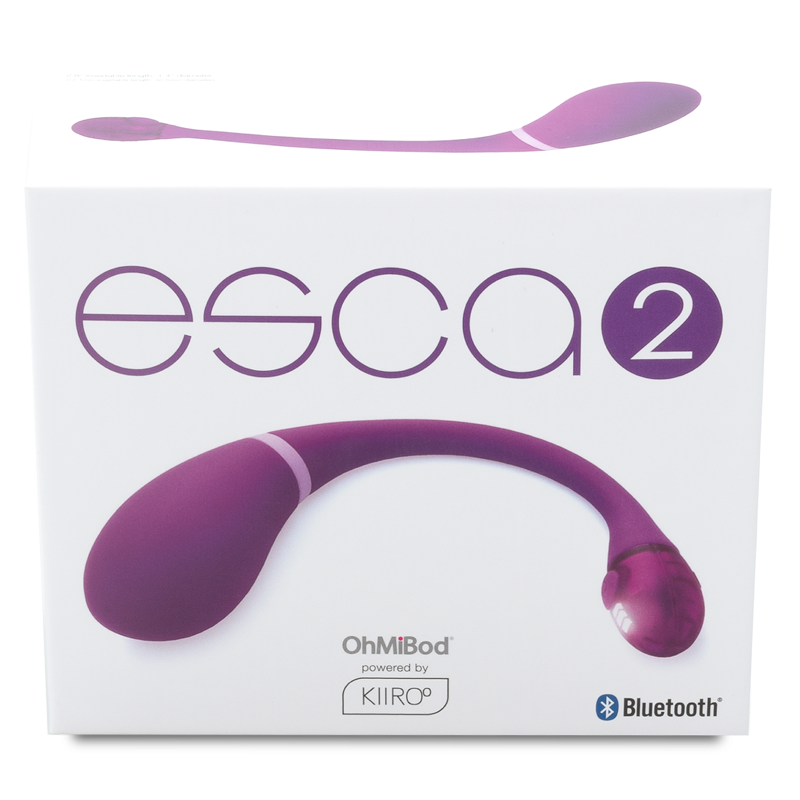 Purple app-controlled wearable massager with "esca 2" branding.