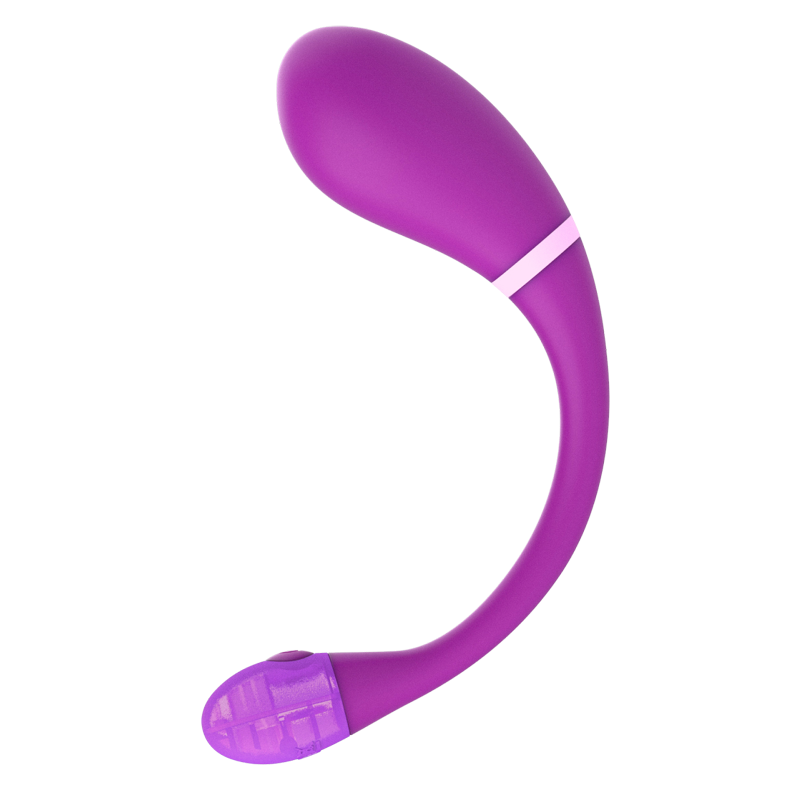 Purple app-controlled wearable massager with a curved design.
