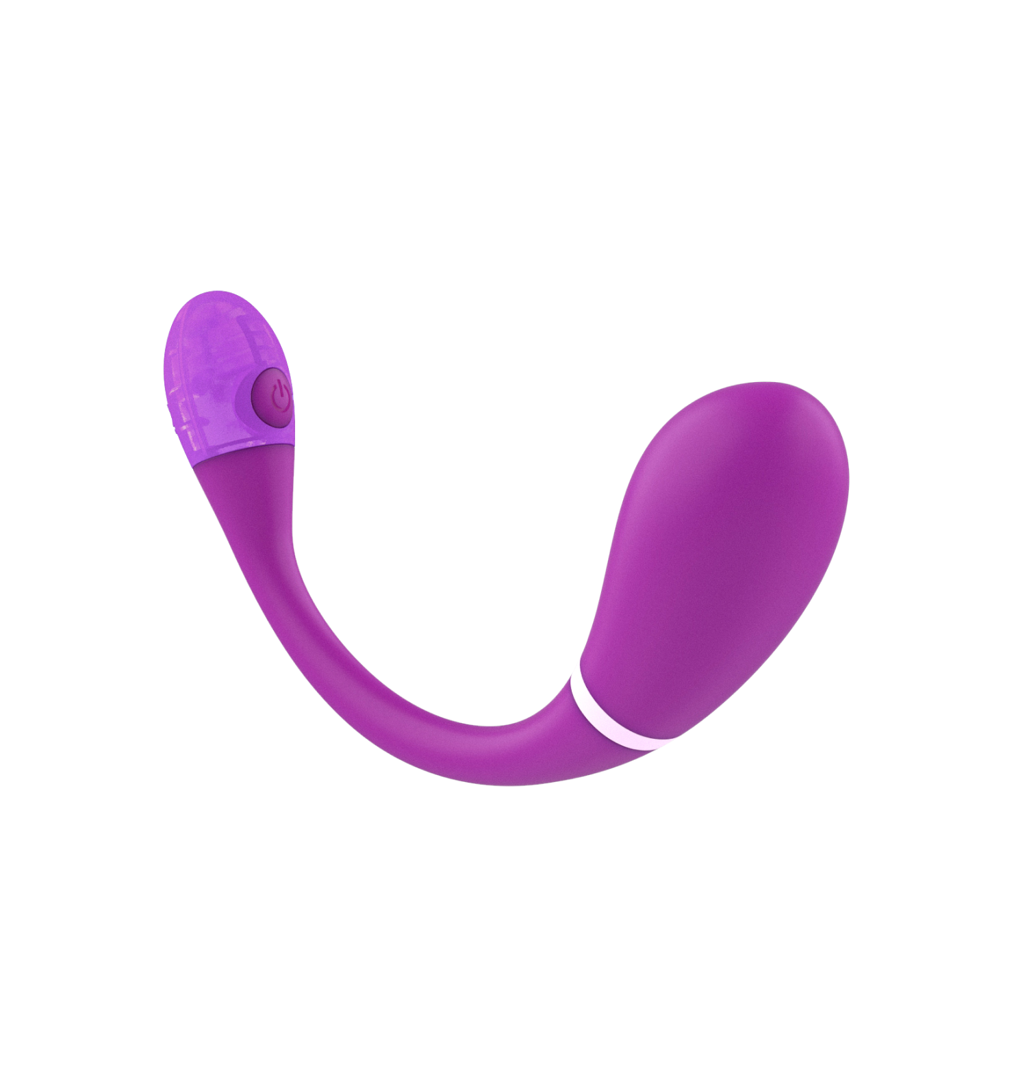Purple app-controlled wearable massager with a power button.