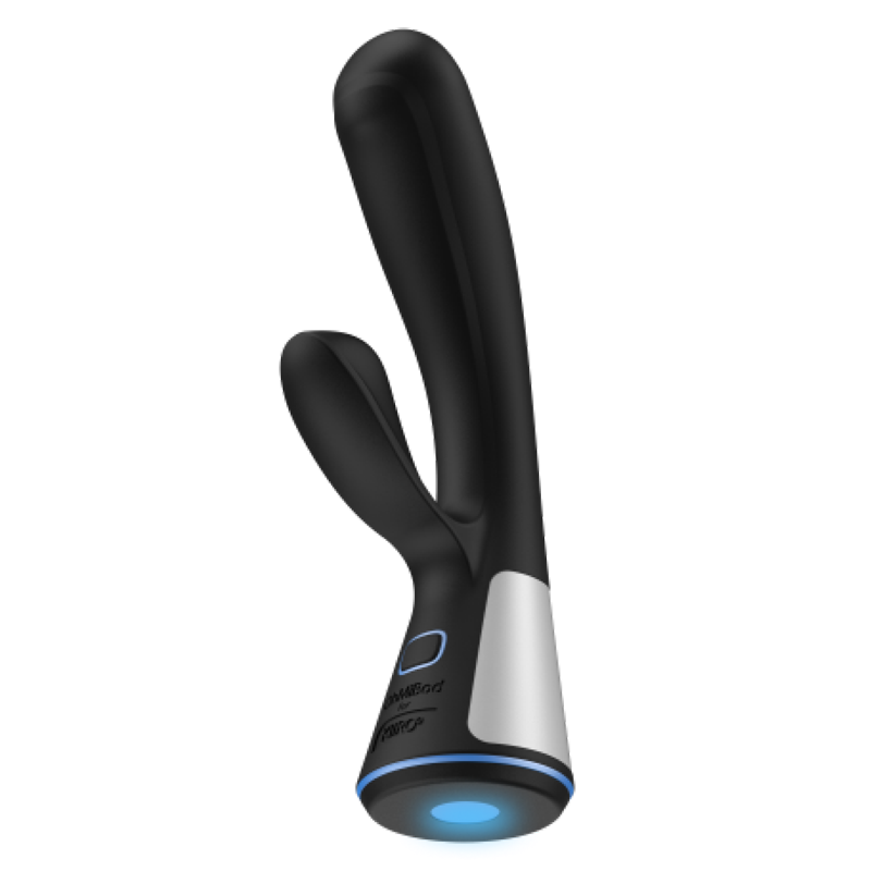 Black app-controlled G-spot vibrator with silver accents and a blue light.