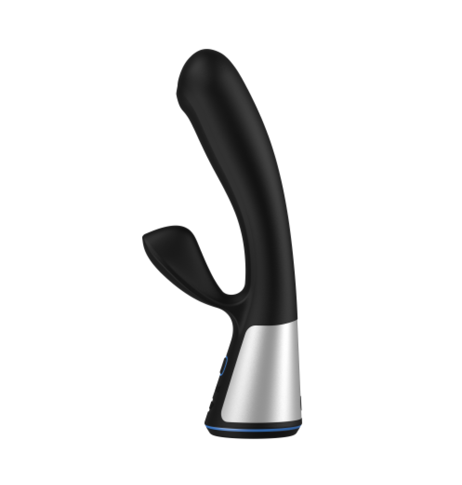 Black Fuse G-spot vibrator with silver base and blue accents.