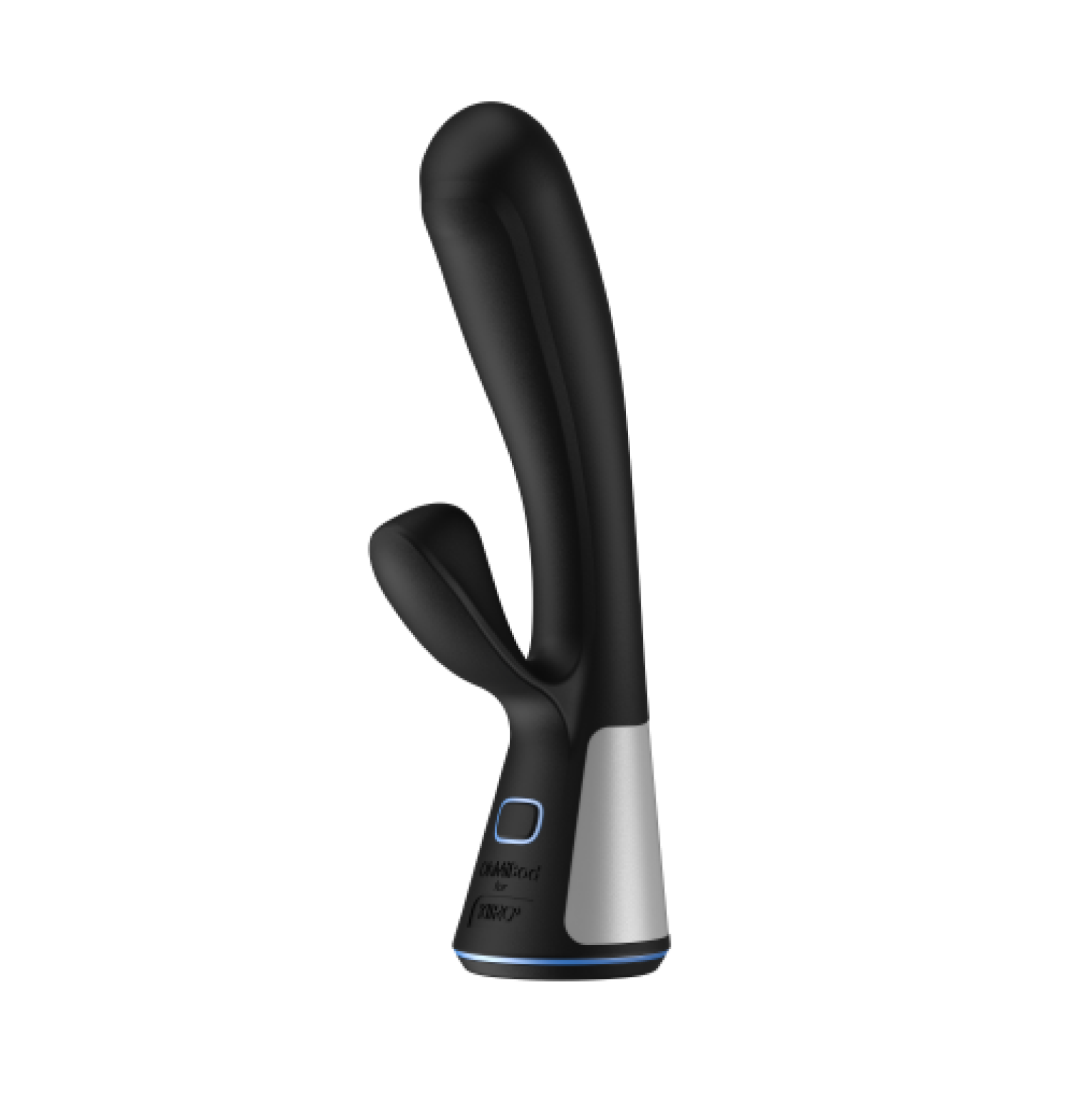 Black Fuse G-spot vibrator with silver accents and blue light.