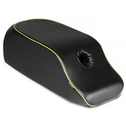 Black faux leather positioning pillow with lime green trim and a central opening.