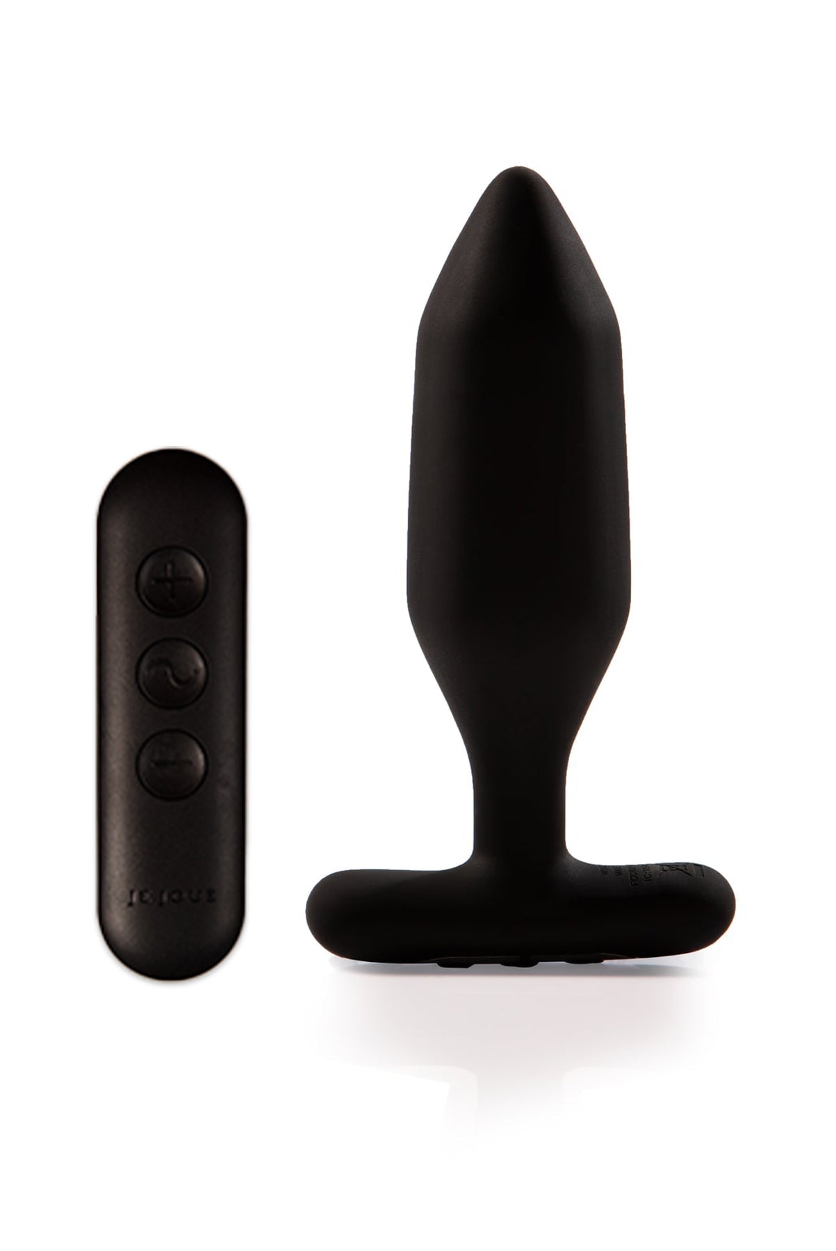 Black vibrating anal plug with a remote control.