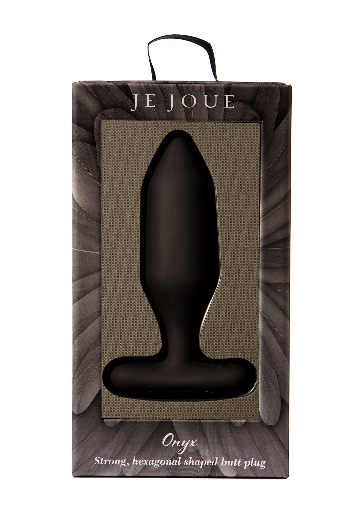 Black Je Joue Onyx hexagonal shaped butt plug in packaging.