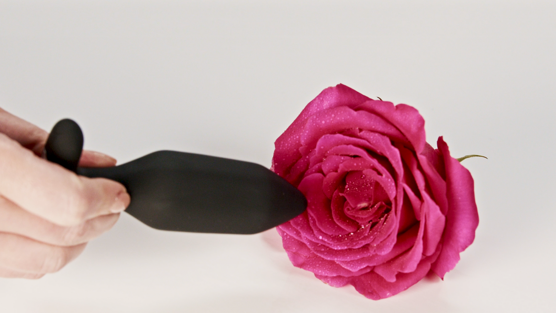 A hand holds a black vibrating anal plug near a pink rose.