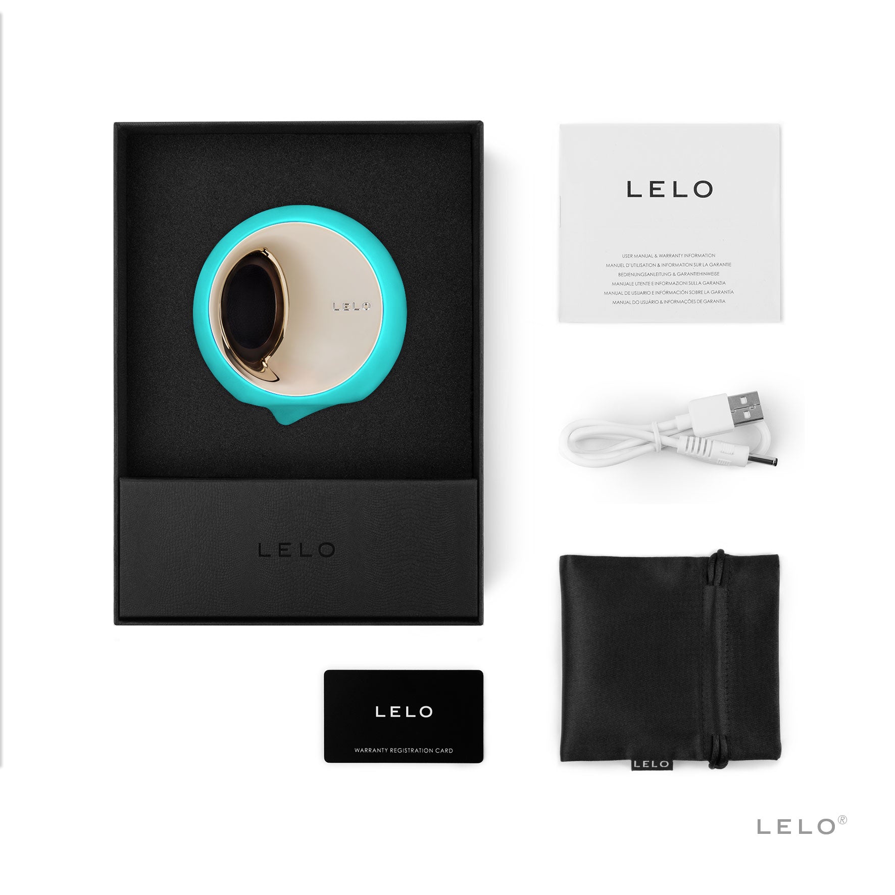 Ora 3 rotating oral stimulator in teal and gold, with charging cable, pouch, manual, and warranty card.