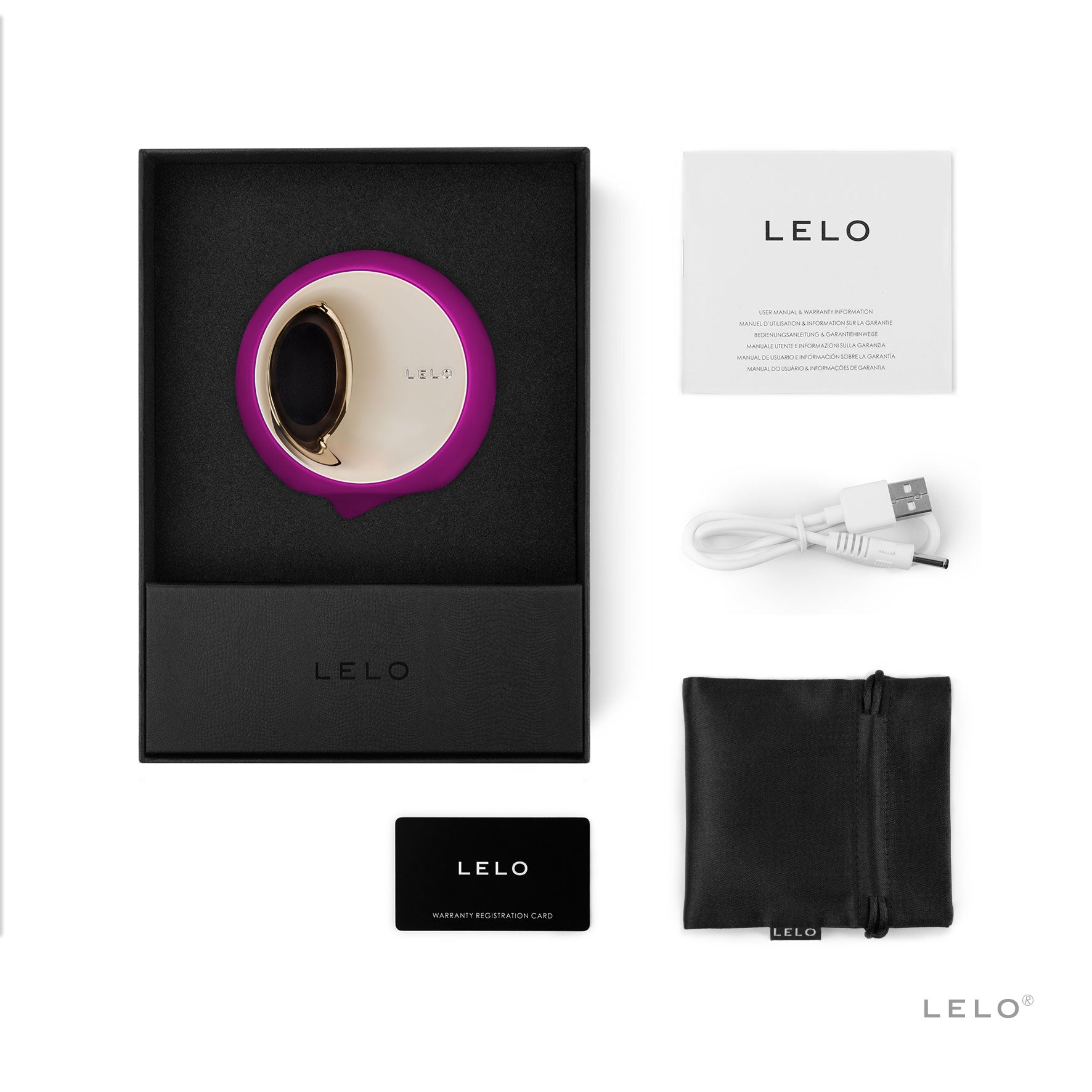 Lelo Ora 3 rotating oral simulator in purple and gold, with charging cable, manual, and storage pouch.