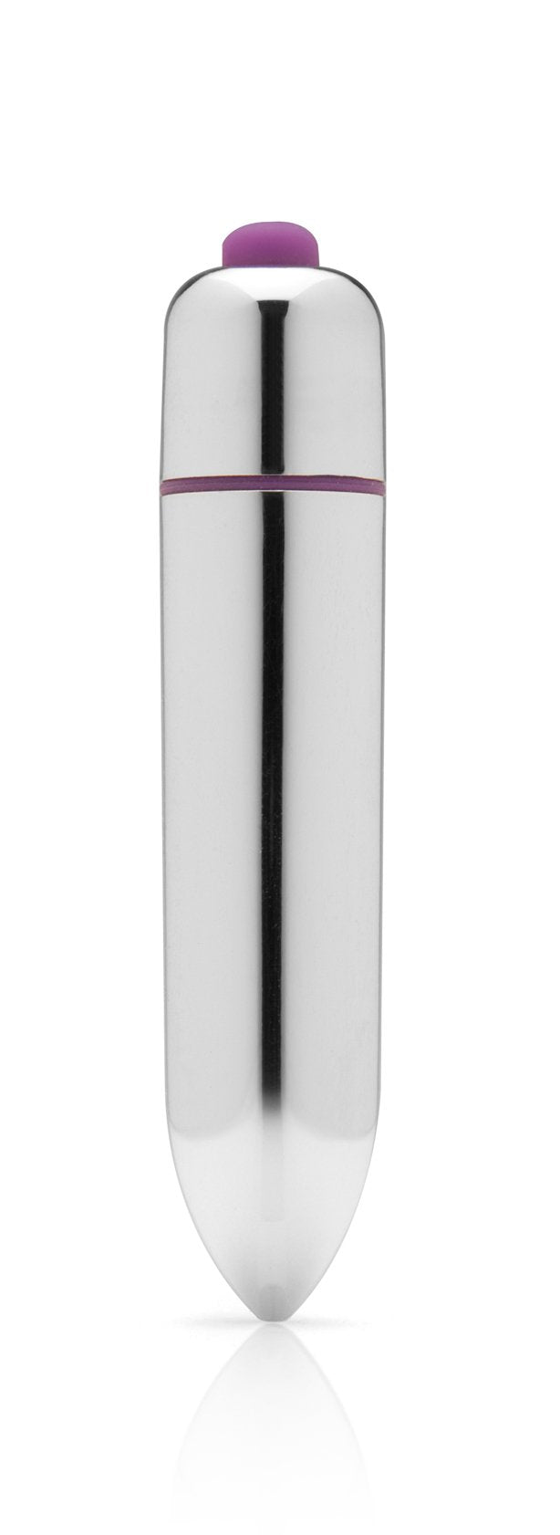 Silver bullet vibrator with a purple button and a purple band.