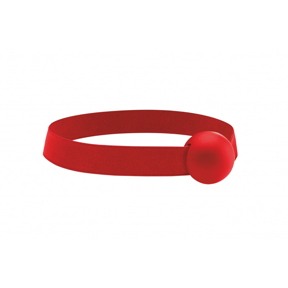 Red elastic strap ball gag with fabric comfort.