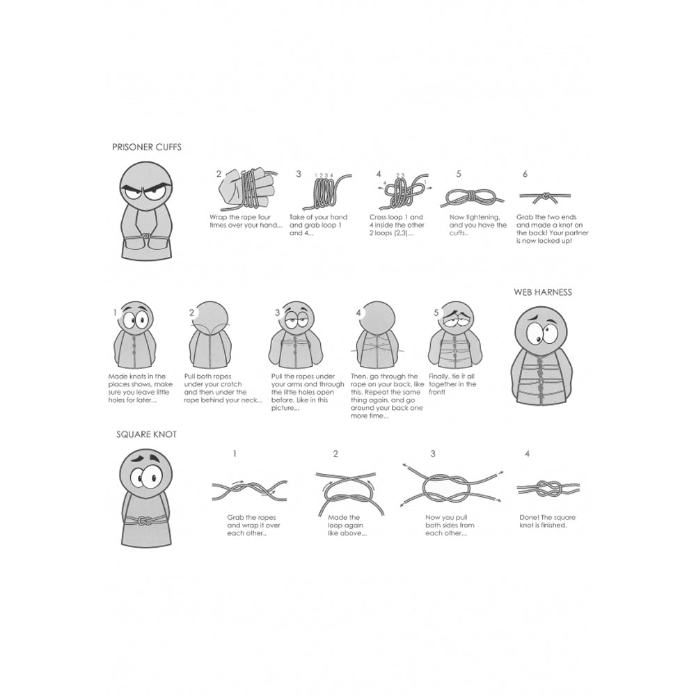 Diagrams showing how to tie prisoner cuffs, a web harness, and a square knot.