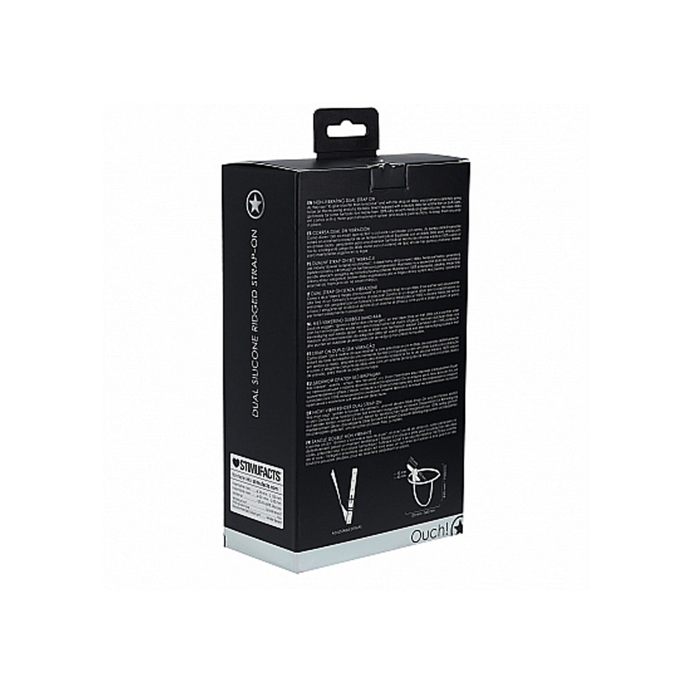 Black box packaging for a dual silicone ridged strap-on dildo.