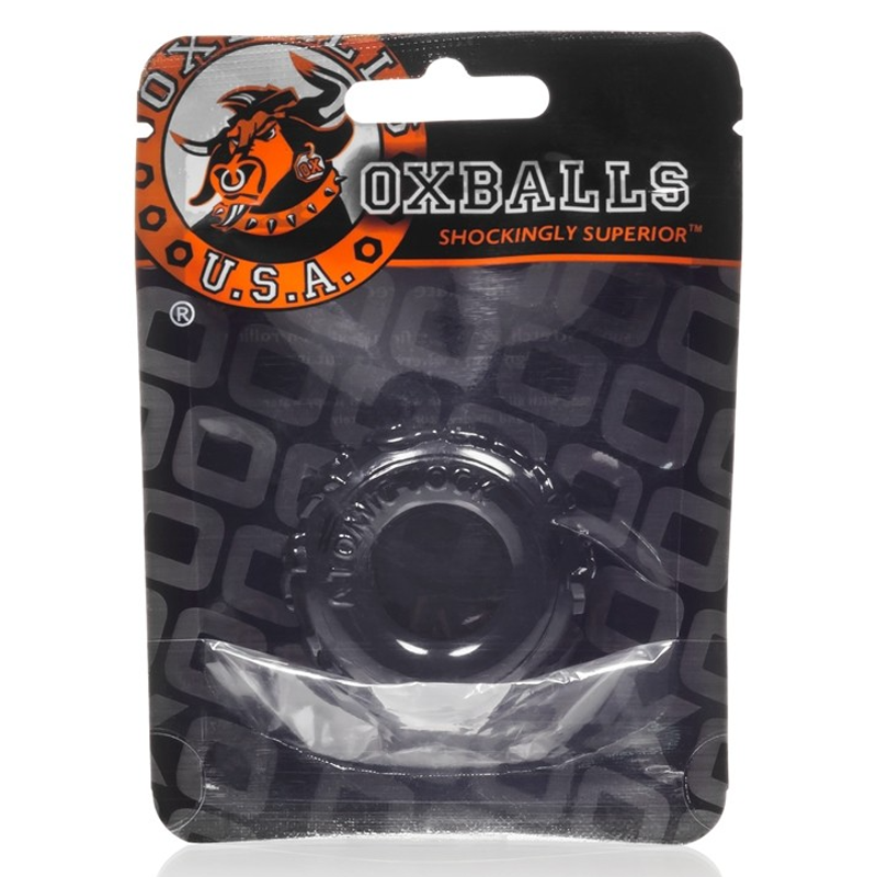 Black OXBALLS stretchy TPR cock ring in packaging.