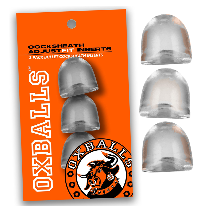 Clear AdjustFit cocksheath inserts in a 3-pack on orange packaging.