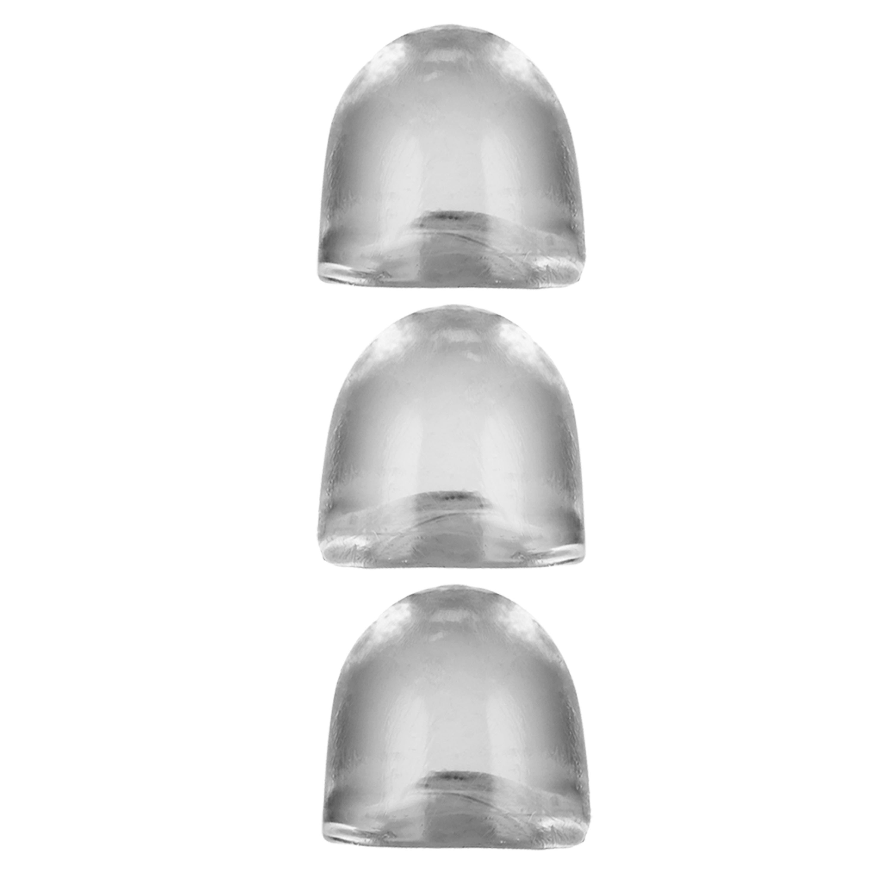 Three clear, dome-shaped cocksheath inserts made of FlexTPR.