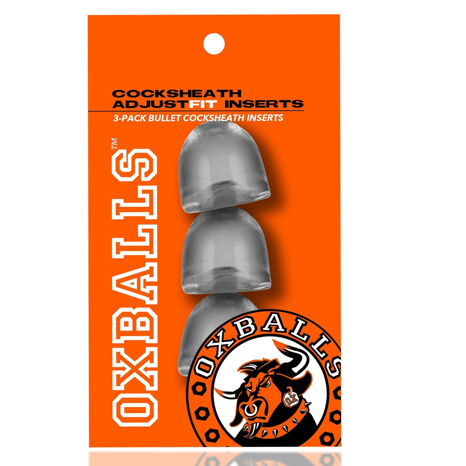 Clear, bullet-shaped cocksheath inserts with the Oxballs logo.