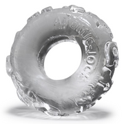 Clear, stretchy TPR cock ring with textured outer edge and "ATOMIC-JOCK" embossed text.